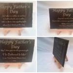 Laser engraved slate with text and logos